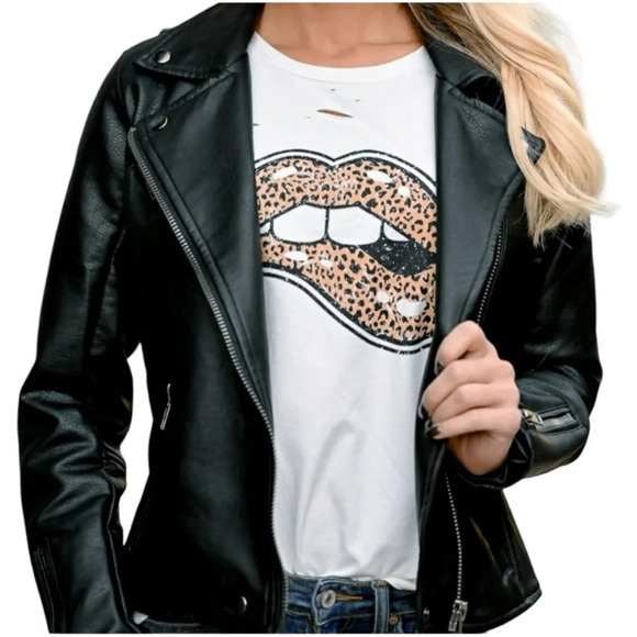 Zutter Lips Are Sealed Distressed Leopard Lips Tee Size Large F395 - Picture 2 of 10